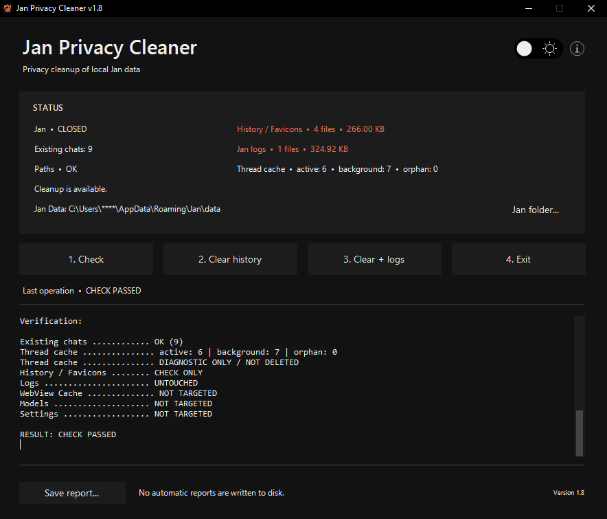 Jan Privacy Cleaner interface with cleanup status and verification report