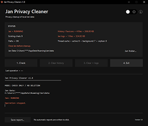 Jan Privacy Cleaner report in the dark theme