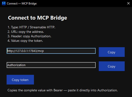 MCP Bridge Connect window with local connection details