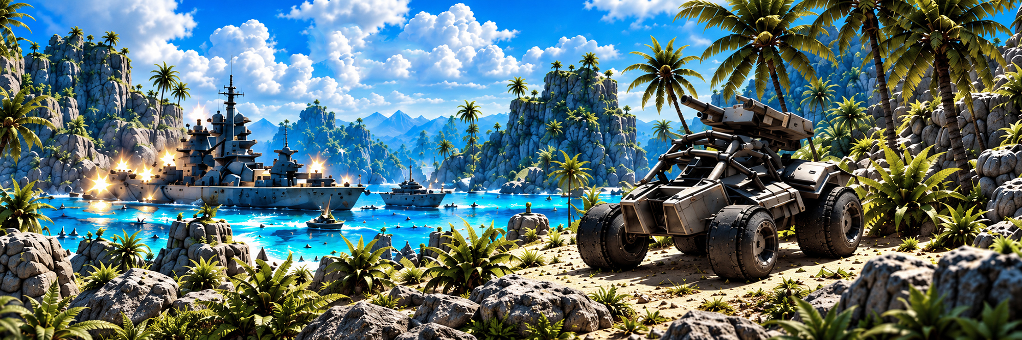 Futuristic armored vehicle, battleships and helicopters in a tropical island setting